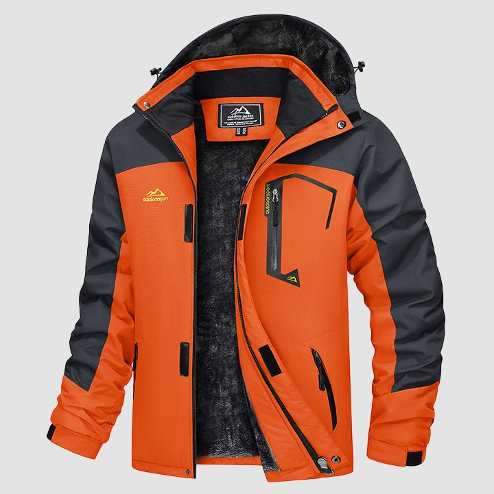 Men's water-repellent winter ski jacket with fleece lining and windproof storm hood, cold-weather outdoor style
