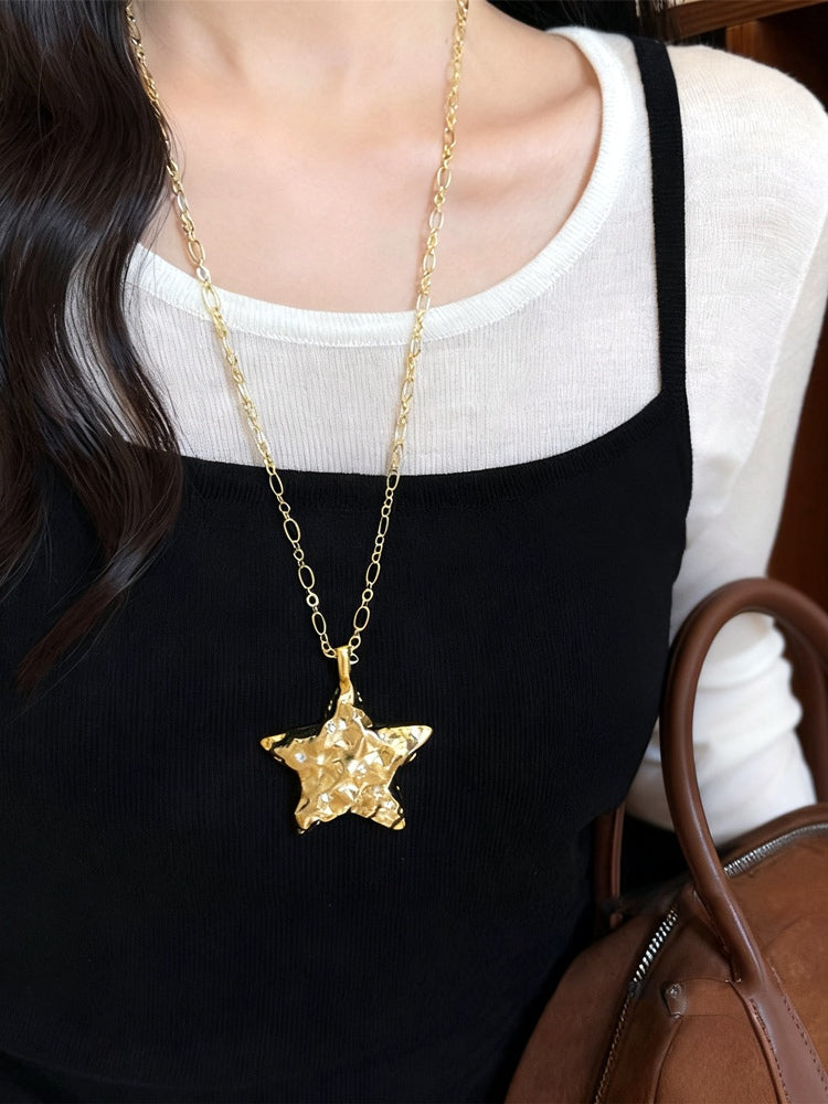 Retro silver star moon pendant necklace women zinc alloy electroplated O-chain celestial vintage style