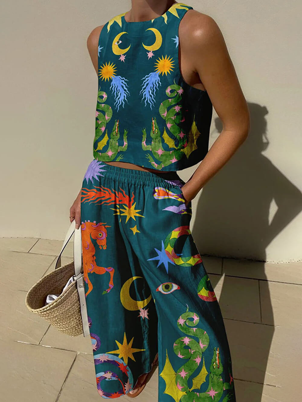 Women's printed tank and elastic waist pants set, vibrant matching two-piece with side pockets