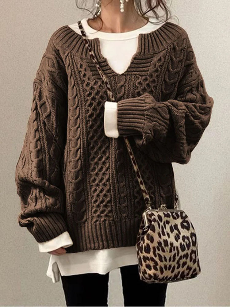 Women's cable knit sweater V-neck relaxed fit textured knit cozy winter pullover timeless style