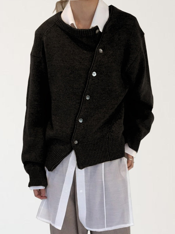 Women's distressed patchwork cardigan sweater thick acrylic knit loose fit slanted button irregular hem