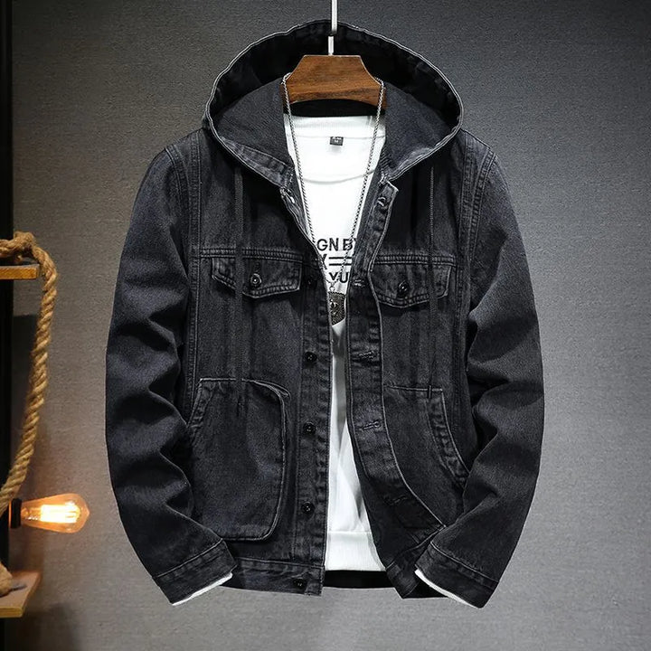 Men's vintage blue denim hooded jacket with retro silhouette for casual everyday wear