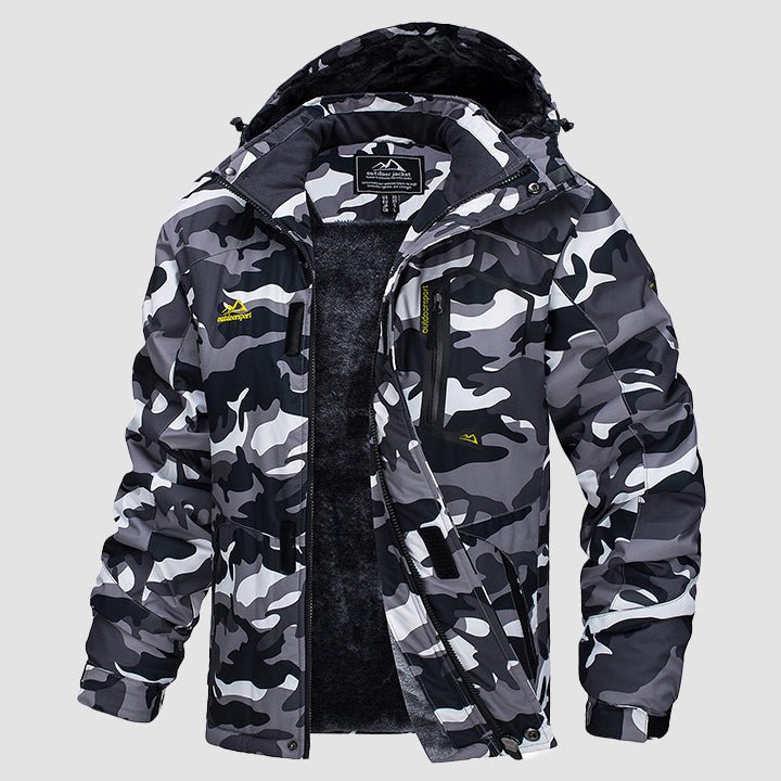 Men's water-repellent winter ski jacket with fleece lining, windproof storm hood, cold-weather outdoor style