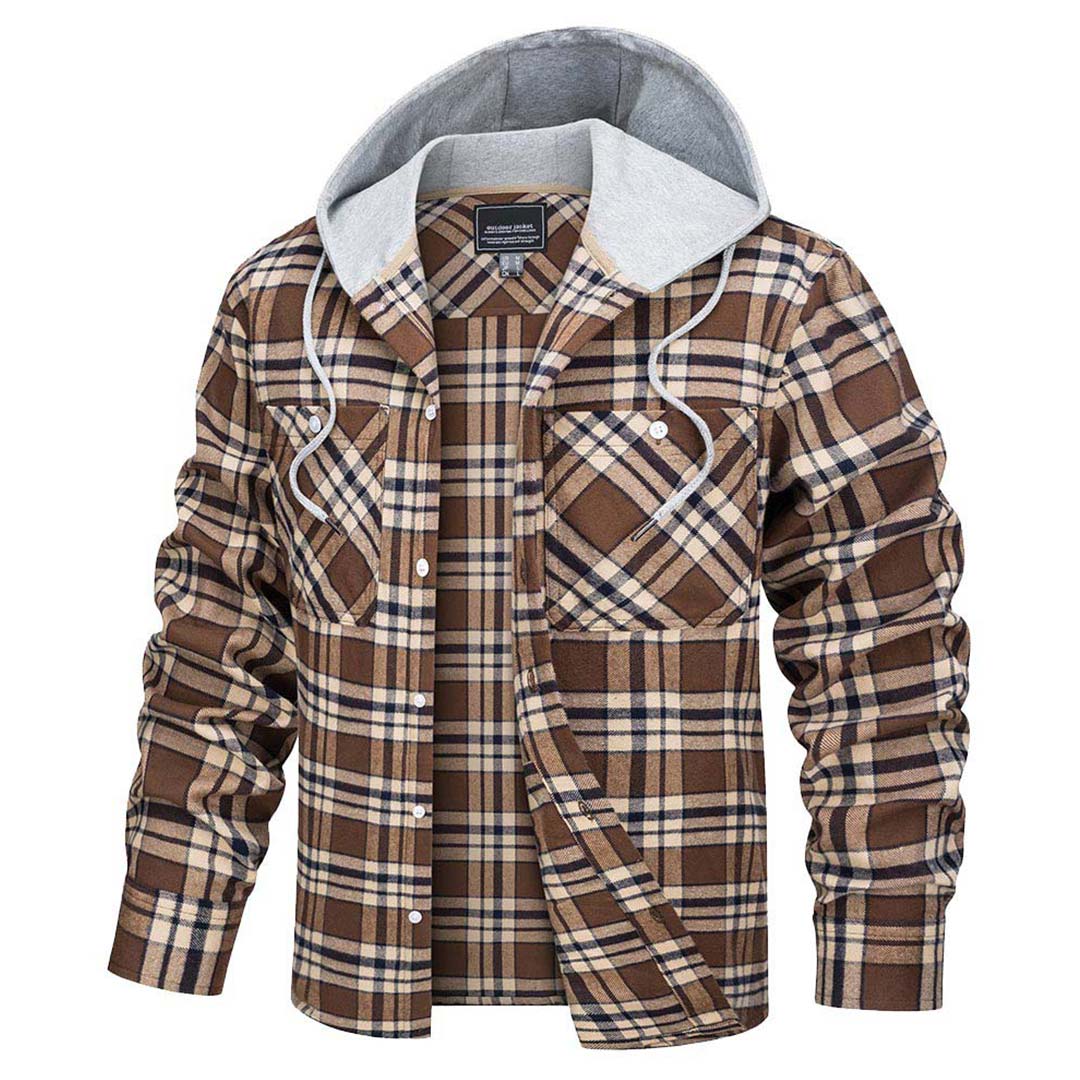 Men's buffalo plaid hooded shirt jacket long sleeve button-up cotton blend flannel layer