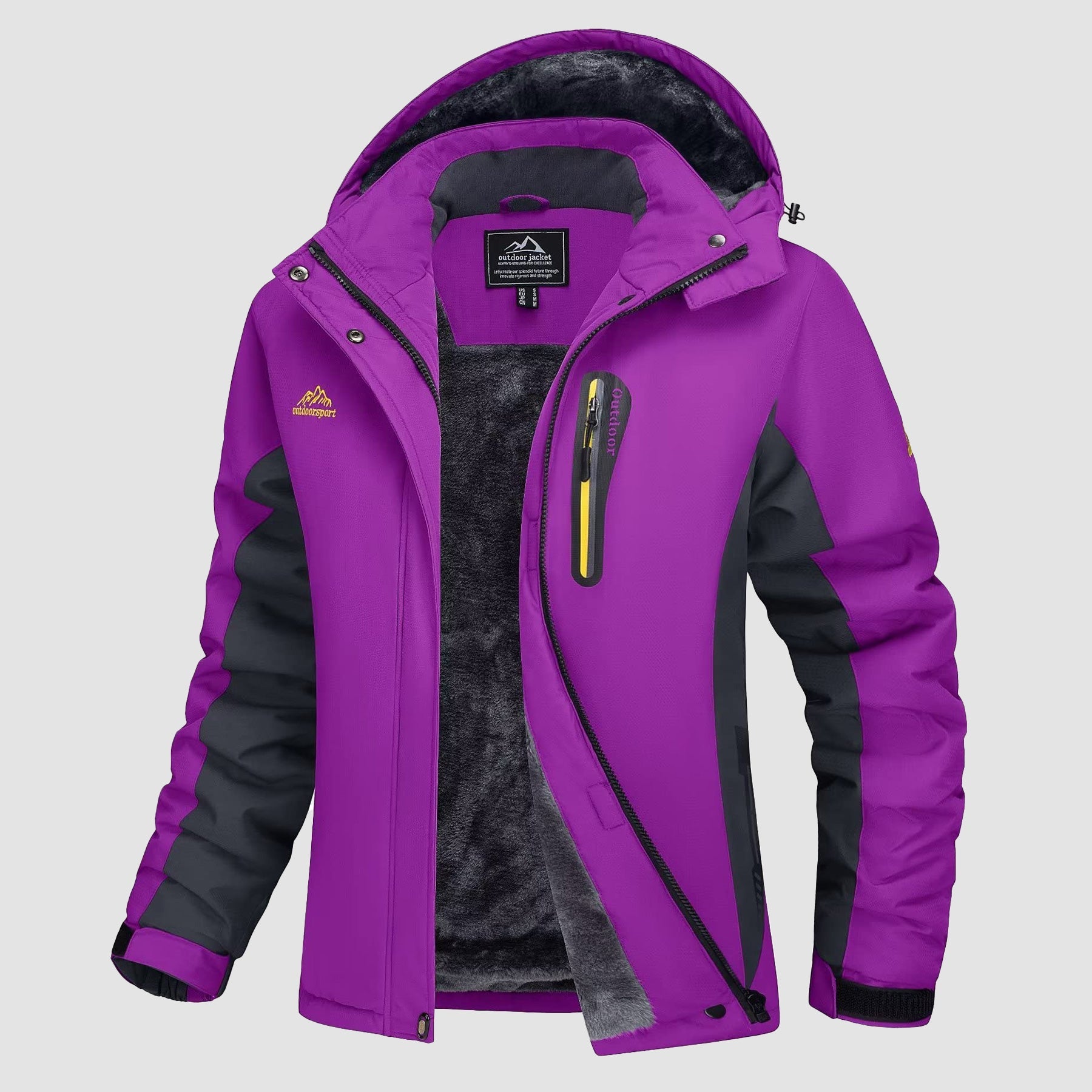 Women's waterproof fleece-lined ski jacket with hood, windproof polyester shell for winter warmth