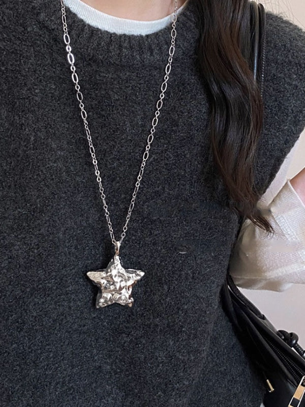 Retro silver star moon pendant necklace women zinc alloy electroplated O-chain celestial vintage style