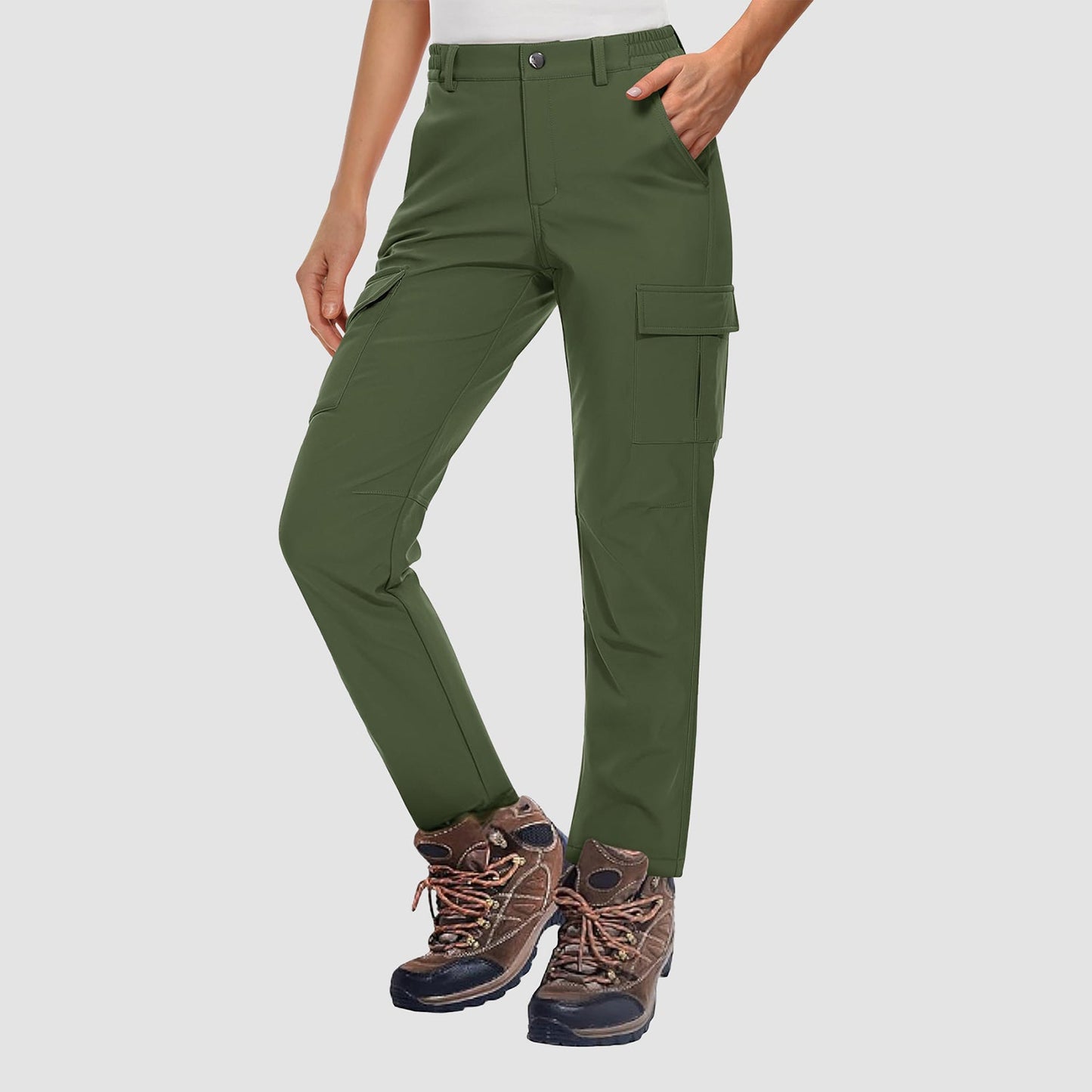 Women's fleece-lined water-resistant hiking pants for cold weather with secure pockets