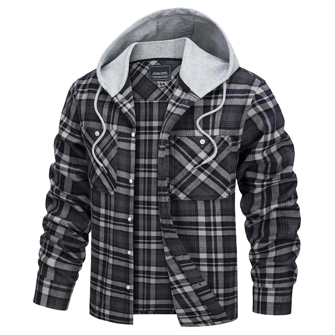 Men's buffalo plaid hooded shirt jacket long sleeve button-up brushed flannel cotton blend