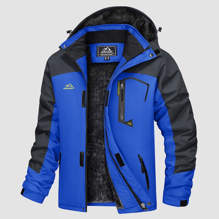 Men's water-repellent winter ski jacket with fleece lining and windproof storm hood, navy blue