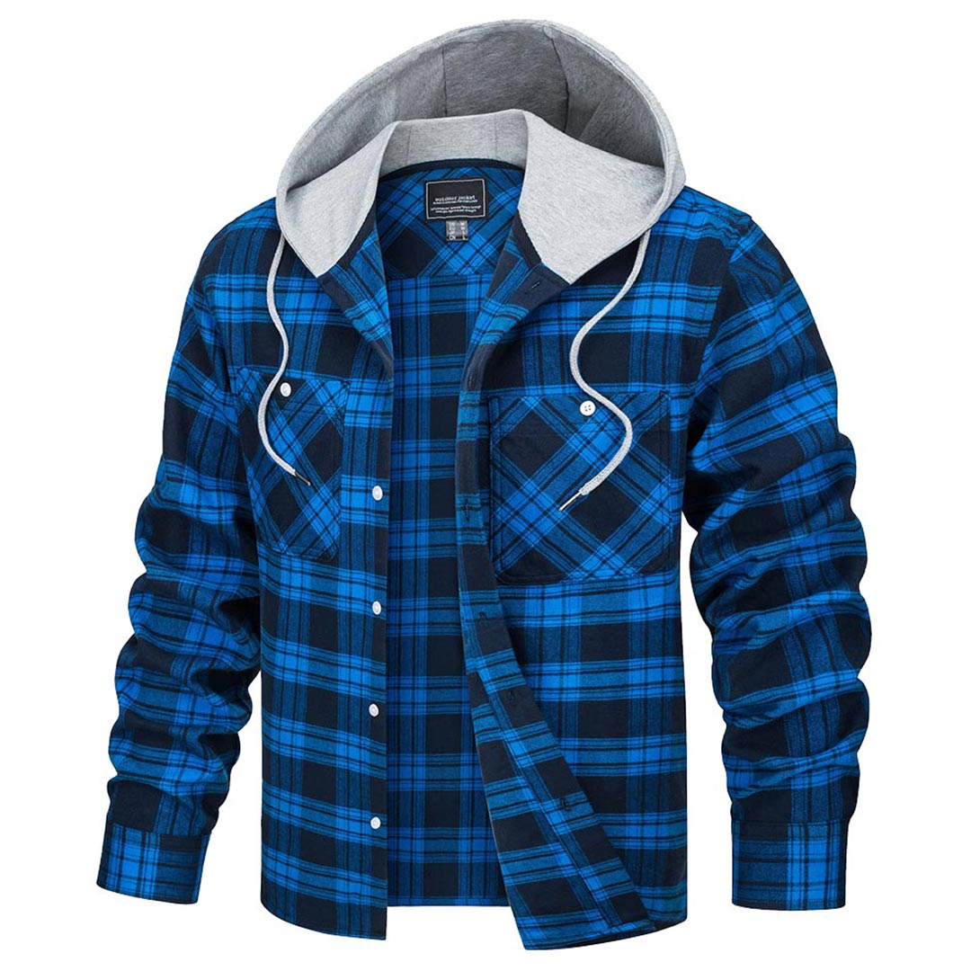 Men's buffalo plaid hooded shirt jacket long sleeve button-up cotton blend flannel layer