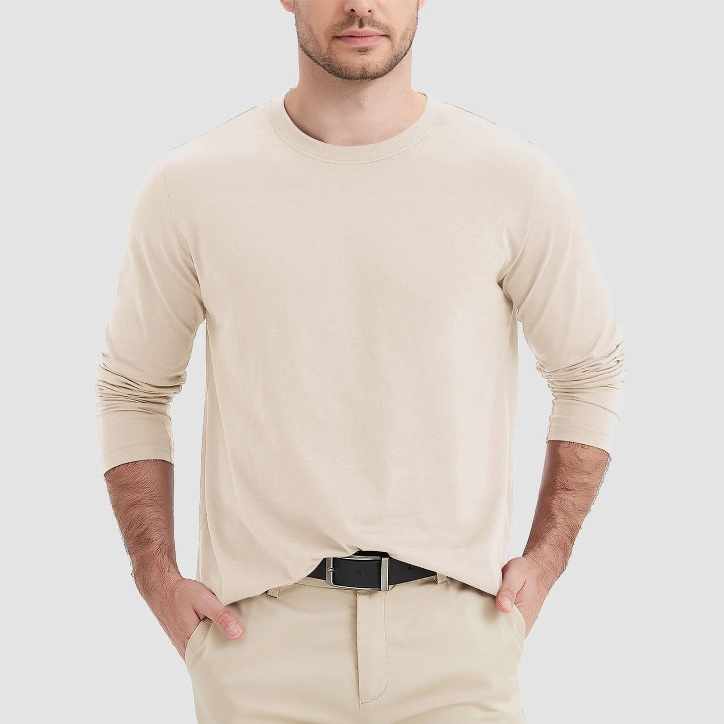 Men's breathable crew neck long sleeve shirt in solid colors, moisture-wicking cotton blend for daily wear