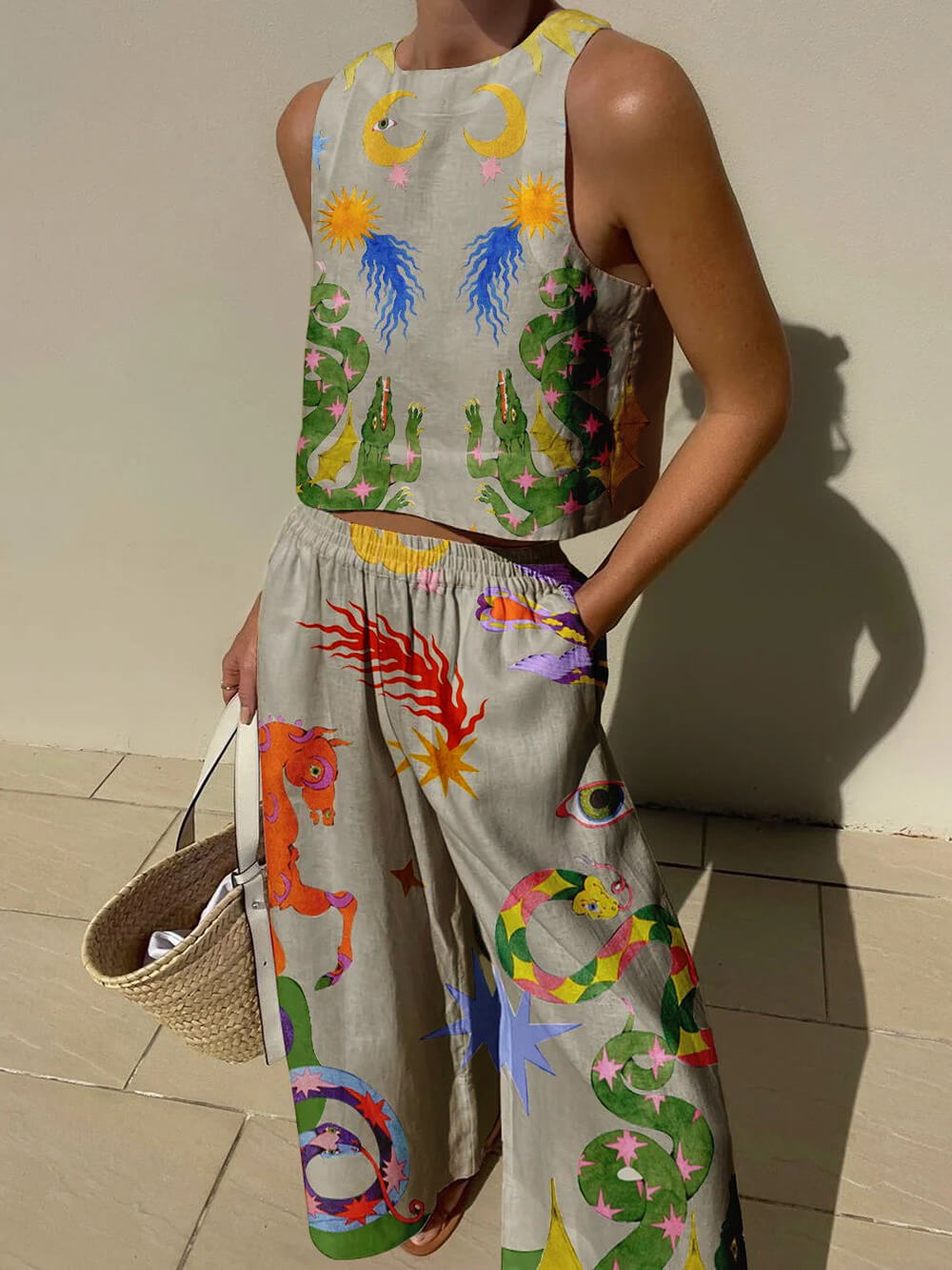 Women's printed tank and elastic waist pants set, relaxed fit two-piece with pockets