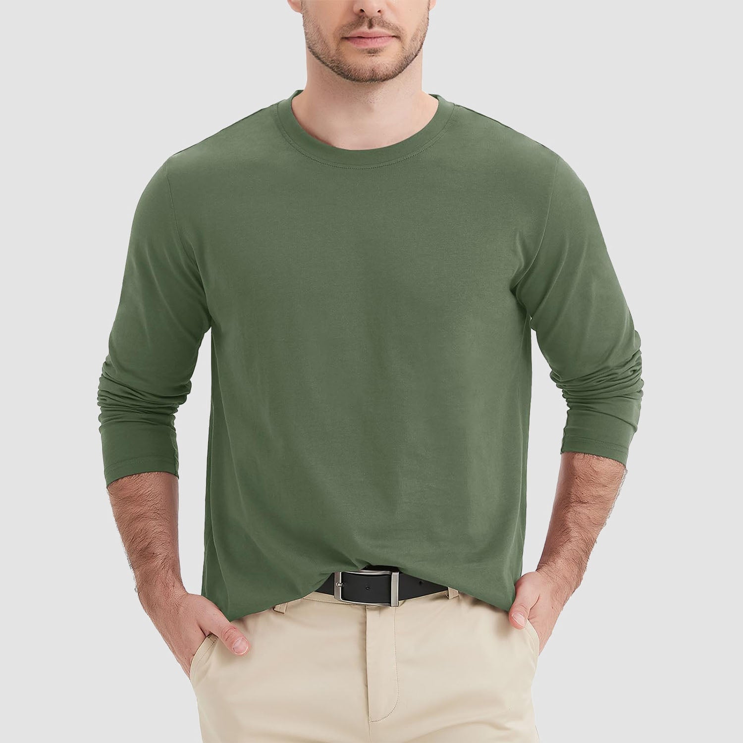 Men's breathable crew neck long sleeve cotton shirt, moisture-wicking comfort fit for daily wear