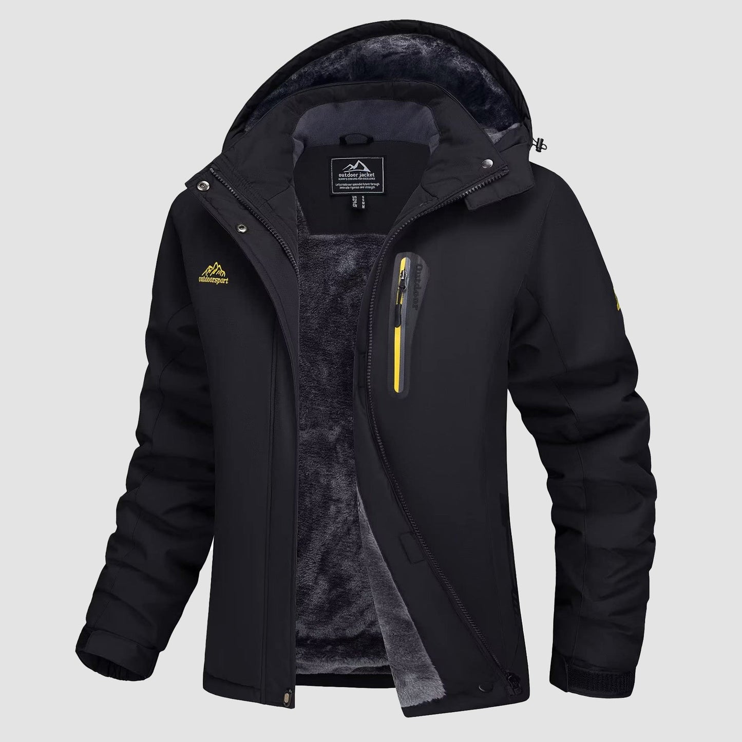 Women's waterproof fleece-lined ski jacket with adjustable hood for insulated cold-weather winter adventures