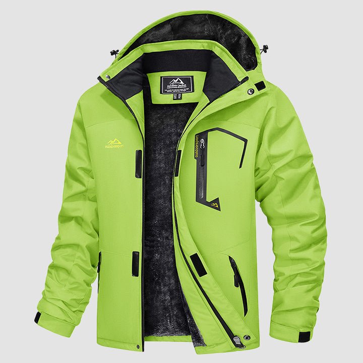 Men's water-repellent winter ski jacket with fleece lining and windproof storm hood, built for cold wet conditions