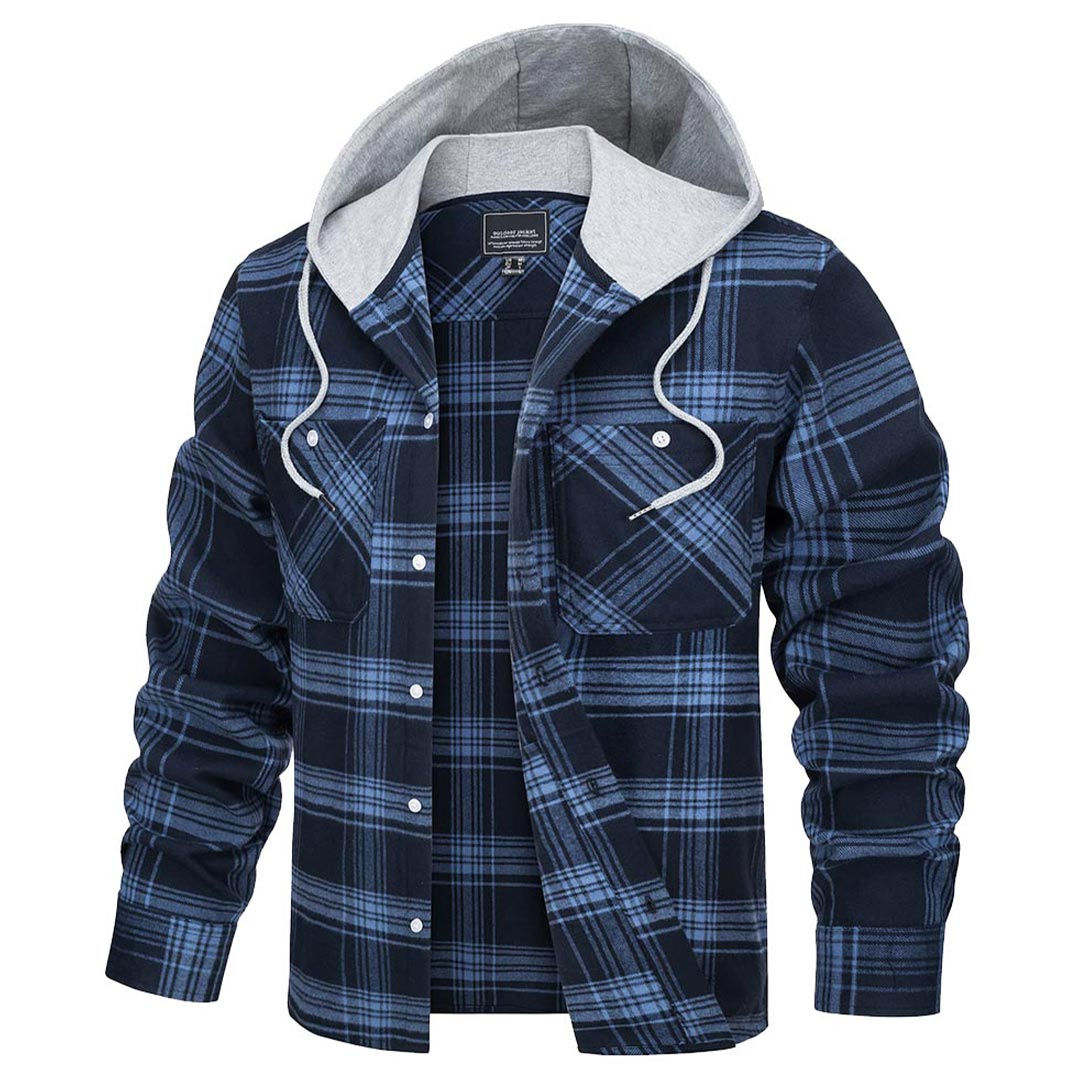Men's buffalo plaid hooded shirt jacket long sleeve button-up cotton blend flannel everyday layer