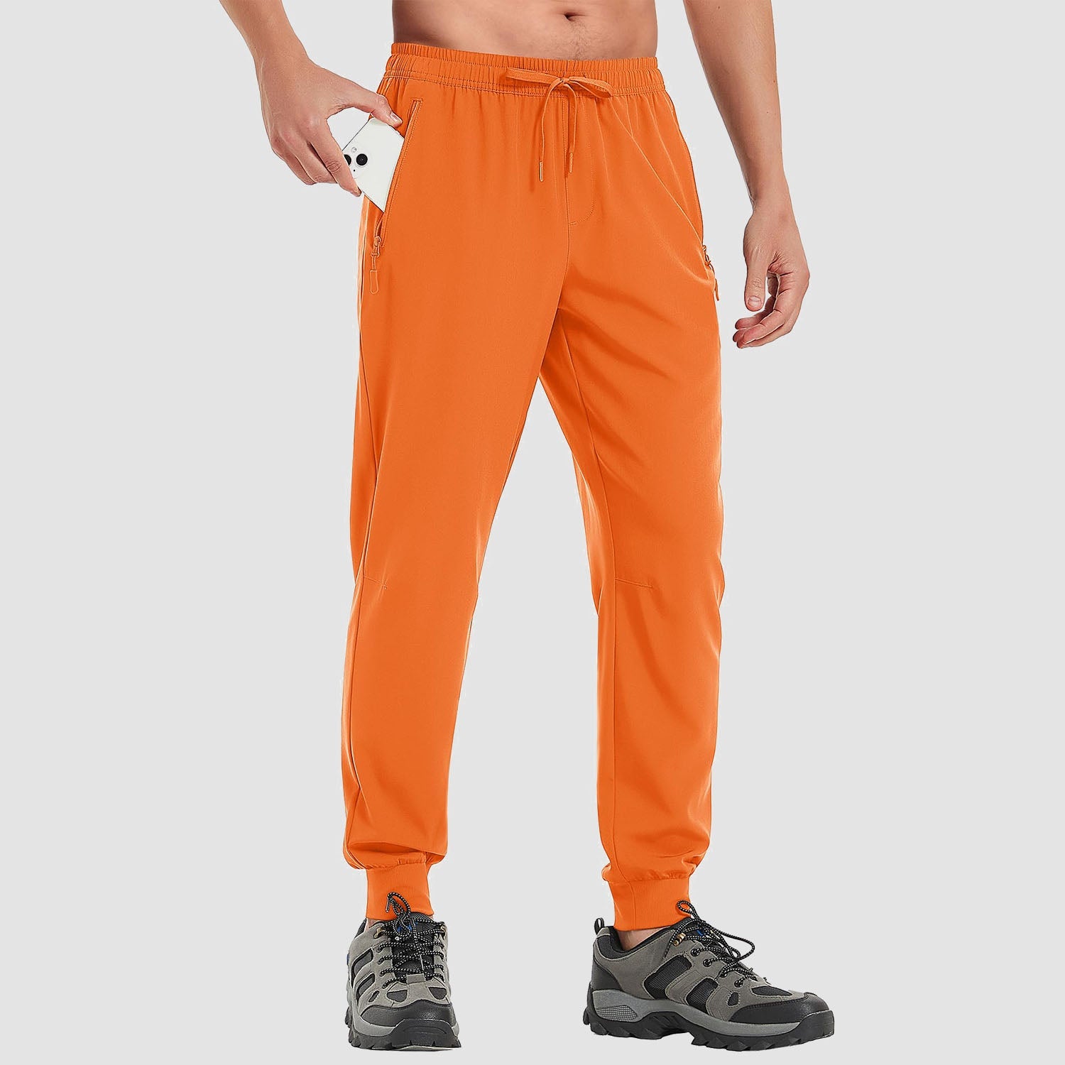 Men's lightweight gray quick-dry sweatpants, 4-way stretch slim fit with 3 zipper pockets