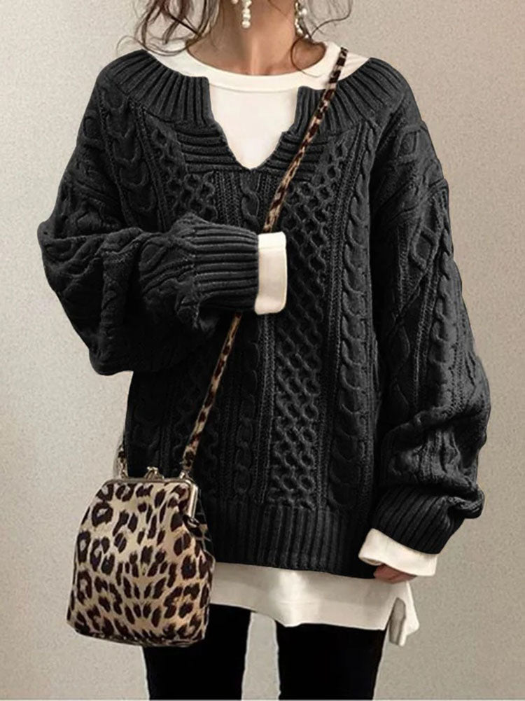 Women's cable knit sweater V-neck relaxed fit textured winter pullover for layering