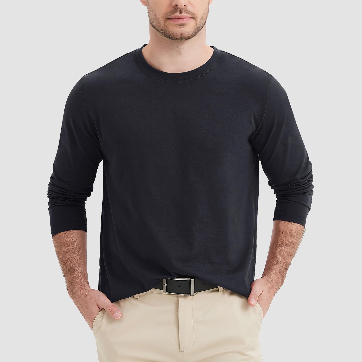 Men's breathable crew neck long sleeve shirt in solid cotton, moisture-wicking comfort for daily wear