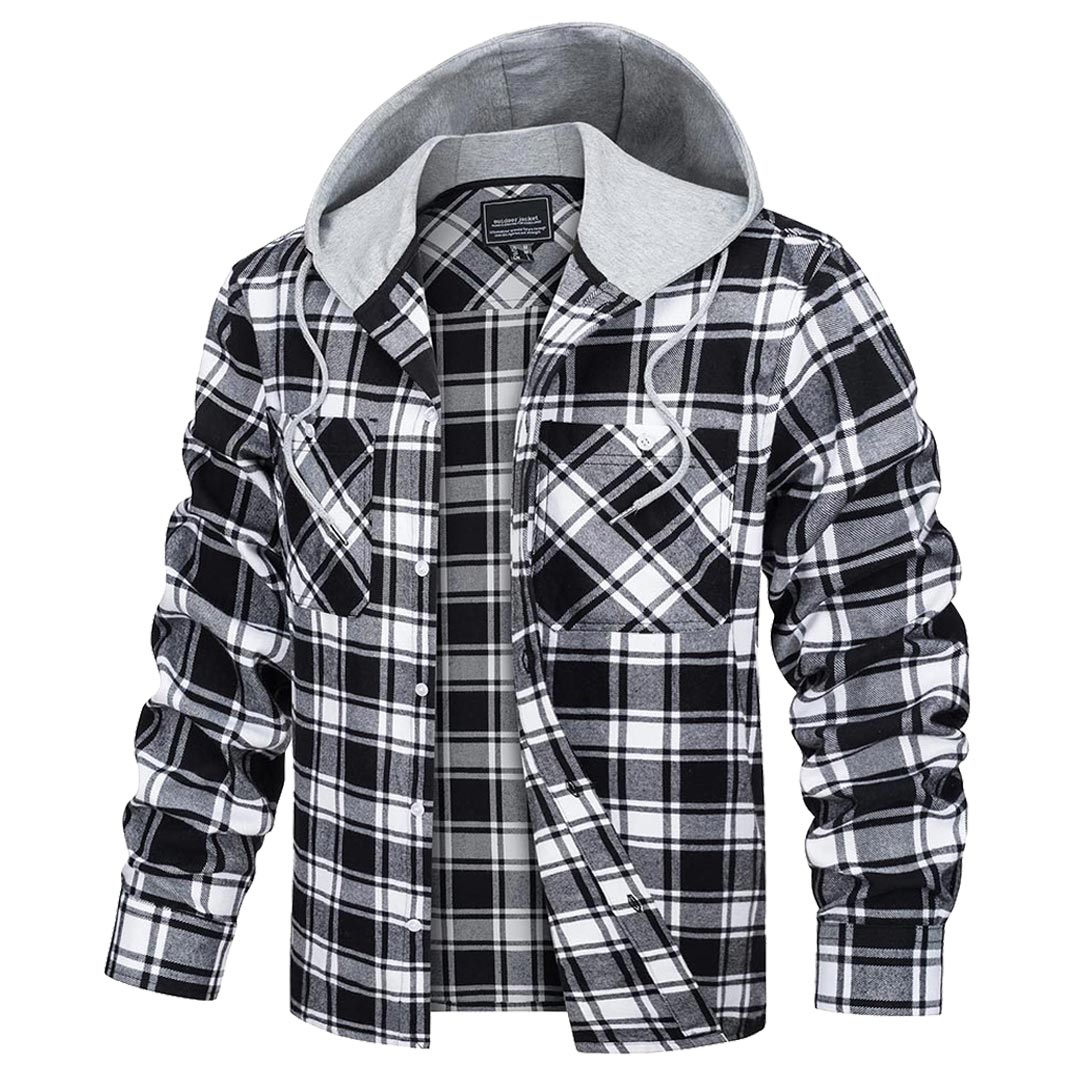 Men's buffalo plaid hooded shirt jacket long sleeve button-up cotton blend flannel comfort fit