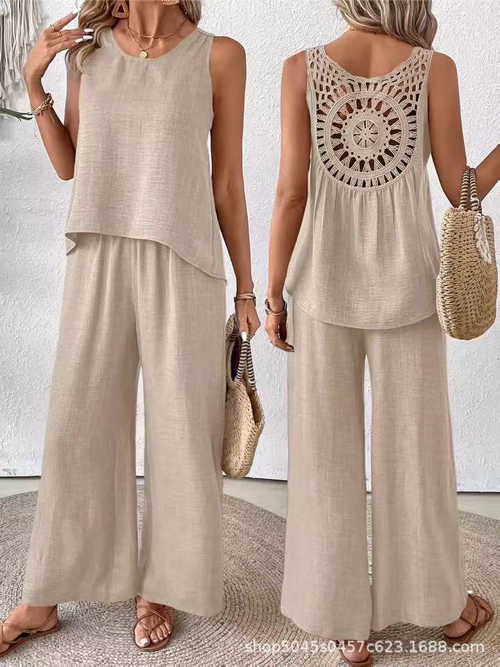 Women's elegant sleeveless pantsuit set in solid color with lace back and embroidered detail