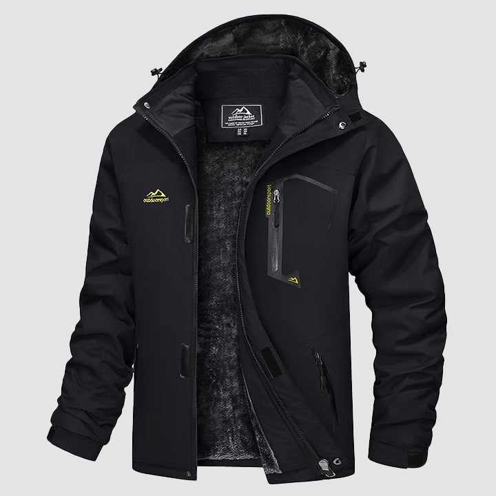 Men's water-repellent winter ski jacket with fleece lining, windproof storm hood, cold-weather outdoor style