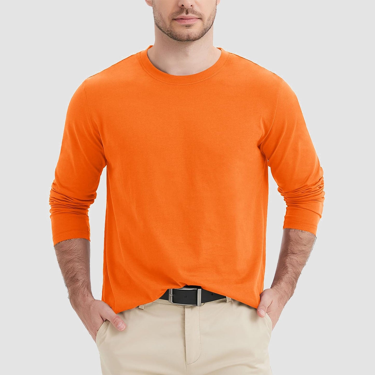 Men's breathable crew neck long sleeve shirt in solid colors, moisture-wicking cotton blend for daily wear