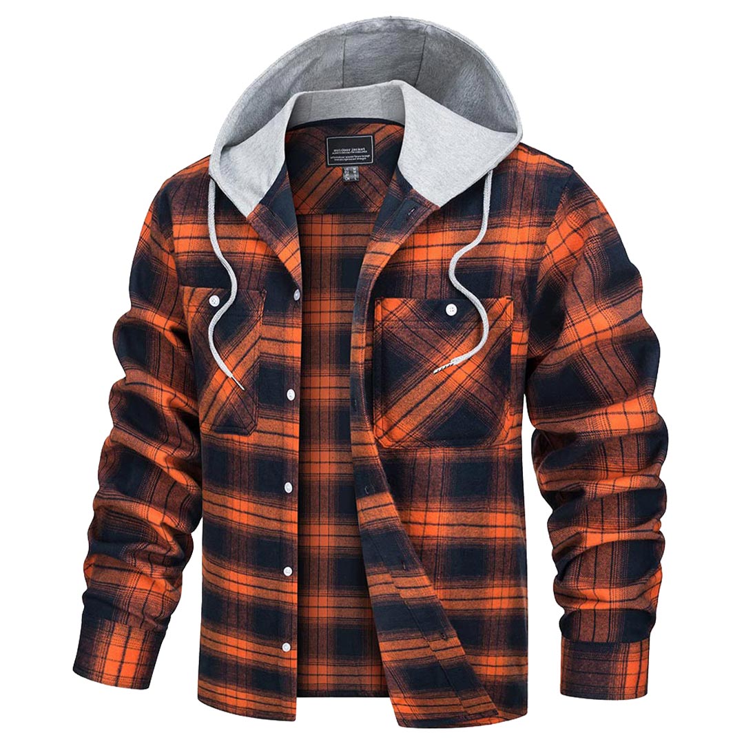 Men's buffalo plaid hooded shirt jacket long sleeve button-up cotton blend flannel layer