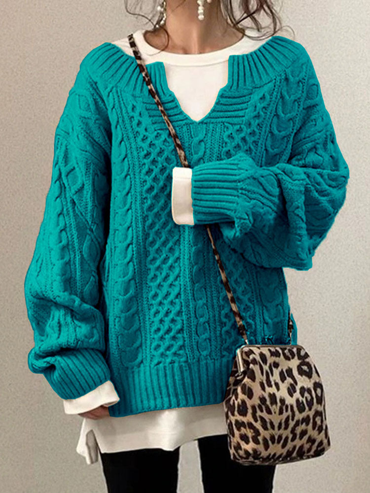 Women's cable knit sweater V-neck relaxed fit classic textured winter pullover everyday versatile