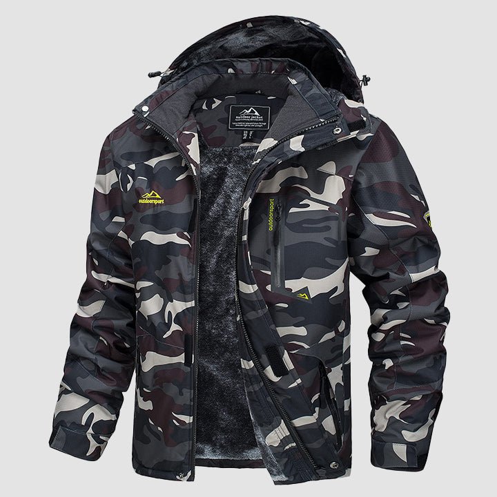 Men's water-repellent winter ski jacket with fleece lining, windproof storm hood, navy blue outdoor fit