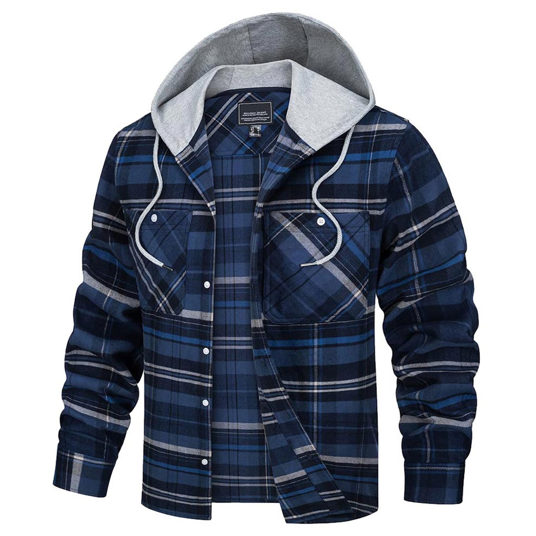 Men's buffalo plaid hooded shirt jacket long sleeve button-up cotton blend flannel layer