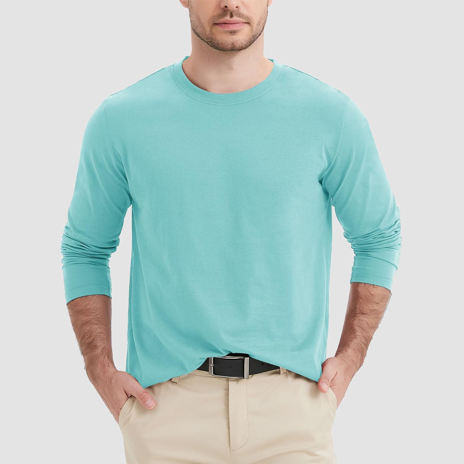 Men's breathable crew neck long sleeve shirt in solid cotton, moisture-wicking comfort for daily wear