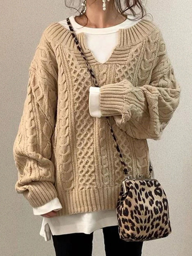 Women's cable knit sweater V-neck relaxed fit textured winter pullover classic cozy style