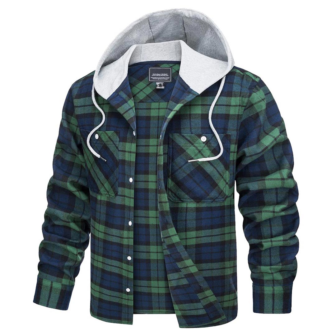 Men's red buffalo plaid hooded shirt jacket, long sleeve button-up with brushed flannel cotton blend