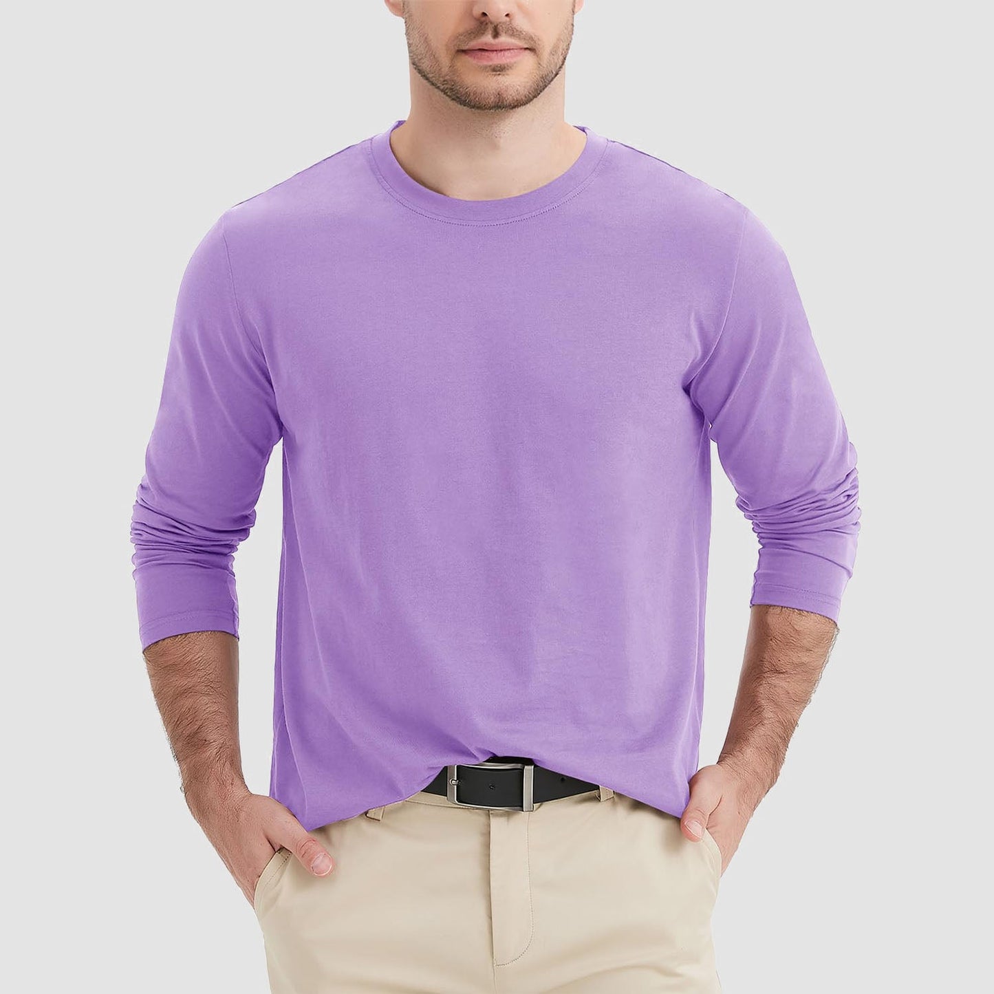 Men's breathable crew neck long sleeve cotton shirt, moisture-wicking comfort fit for daily wear