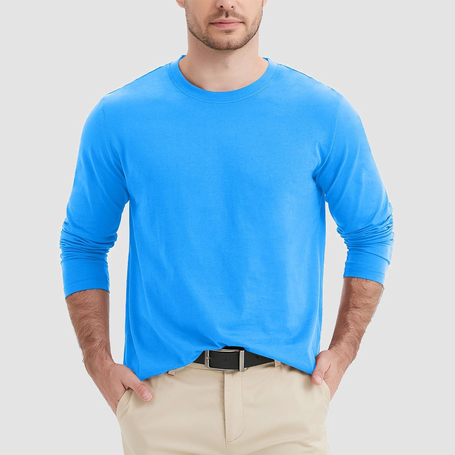 Men's breathable crew neck long sleeve shirt in solid cotton, moisture-wicking comfort fit for daily wear