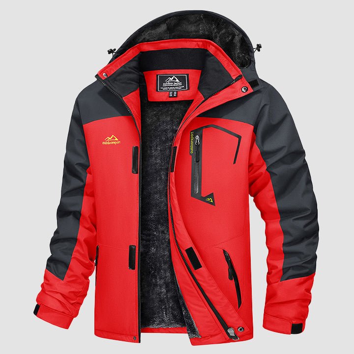 Men's water-repellent winter ski jacket with fleece lining and windproof storm hood, navy blue