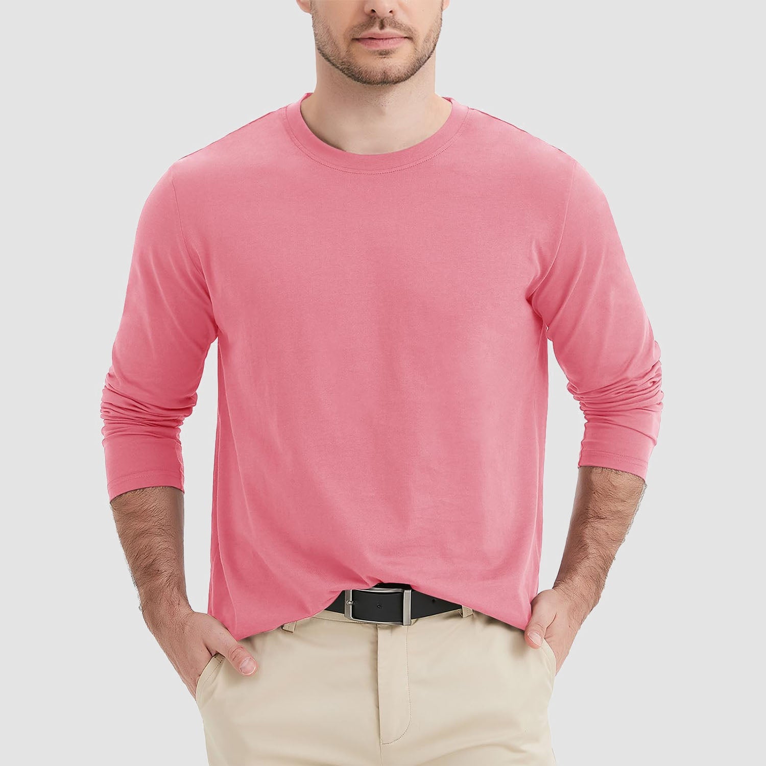 Men's breathable crew neck long sleeve cotton shirt, moisture-wicking comfort fit for daily wear