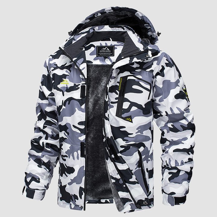 Men's water-repellent winter ski jacket with fleece lining, windproof storm hood, navy blue outdoor style