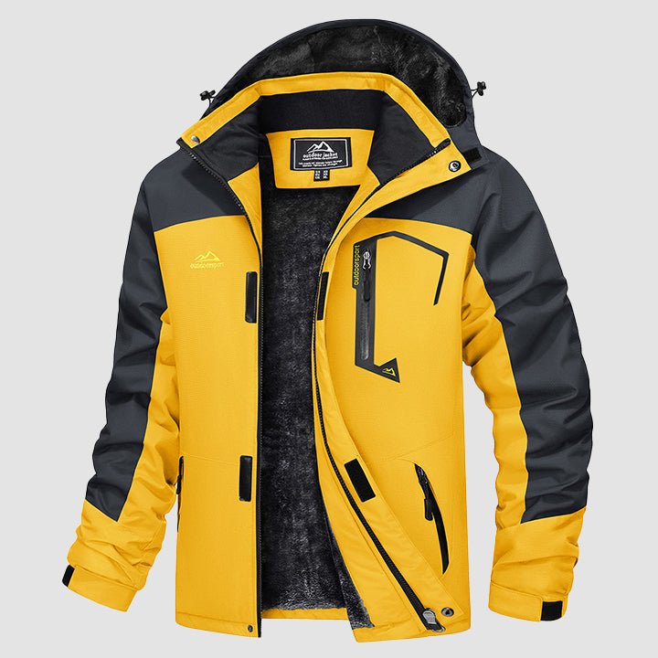 Men's water-repellent winter ski jacket with fleece lining and windproof storm hood, cold-weather outdoor wear