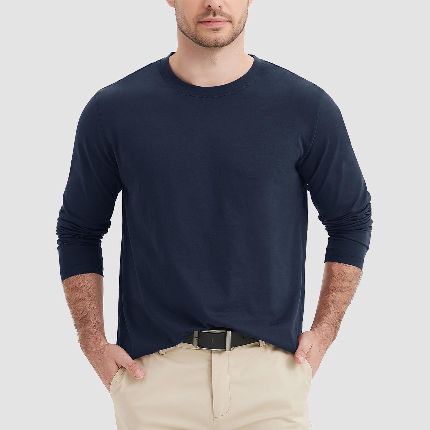 Men's breathable crew neck long sleeve shirt in solid cotton, moisture-wicking comfort fit for daily wear