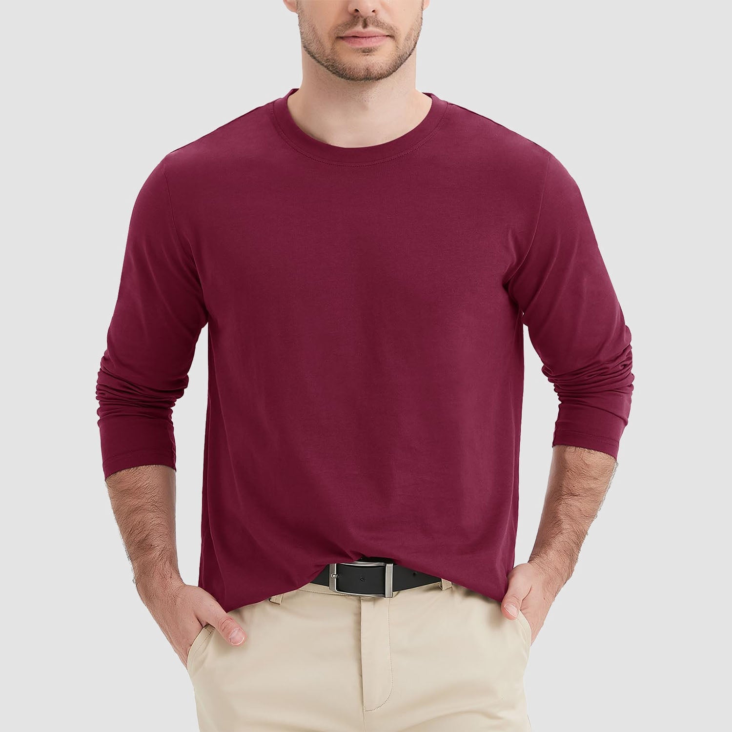Men's breathable crew neck long sleeve shirt in solid cotton, moisture-wicking comfort fit for daily wear