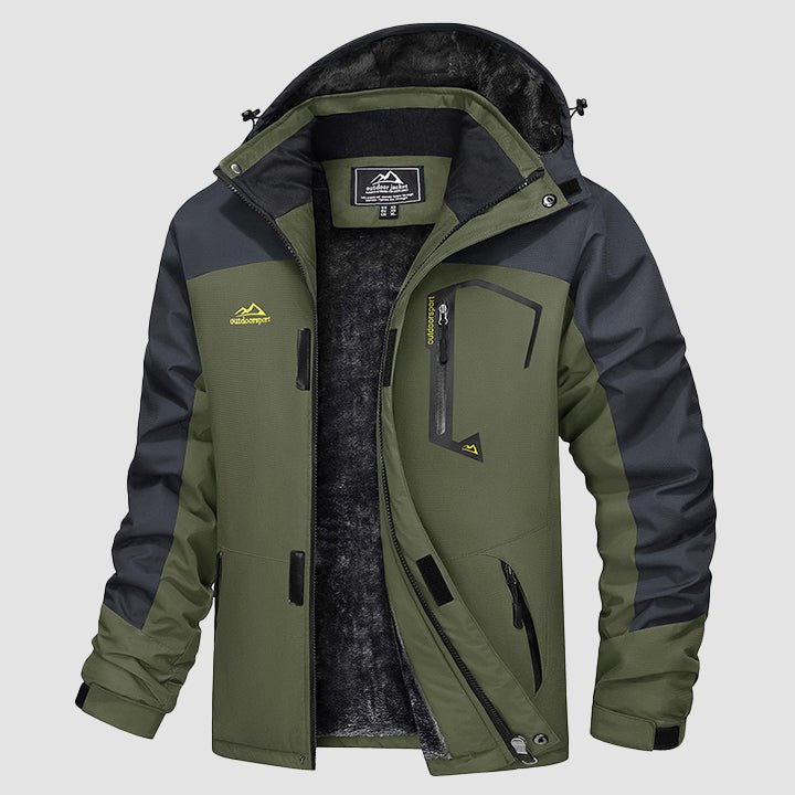 Men's water-repellent winter ski jacket with fleece lining, windproof storm hood, cold-weather outdoor style