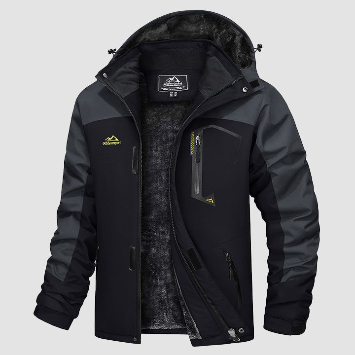 Men's water-repellent winter ski jacket with fleece lining, windproof storm hood, sleek athletic fit