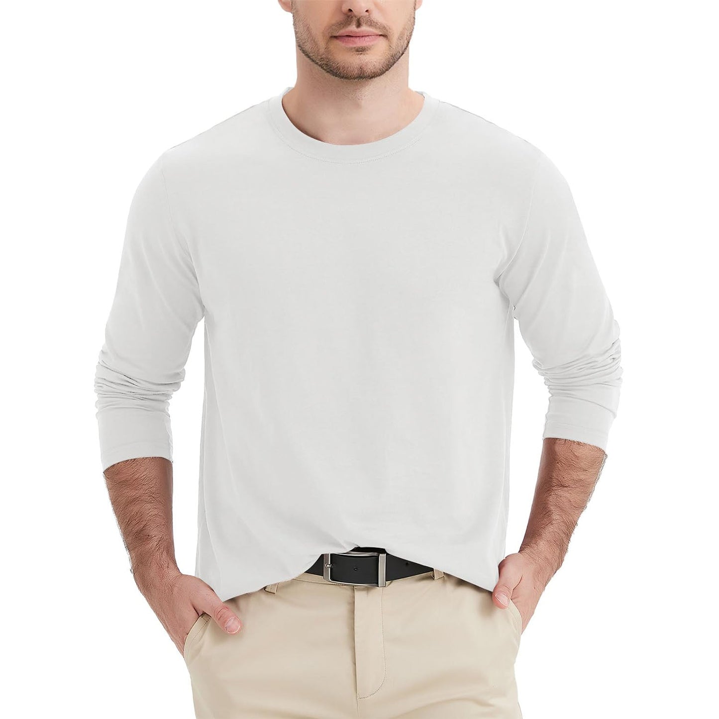 Men's breathable crew neck long sleeve shirt in solid cotton, moisture-wicking comfort fit for daily wear