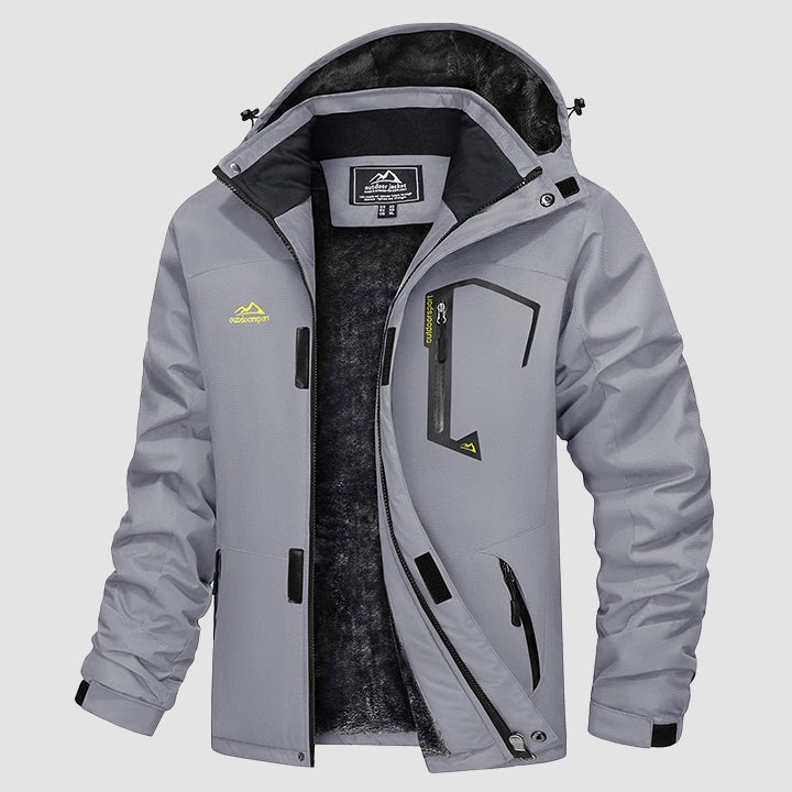 Men's water-repellent winter ski jacket with fleece lining, windproof storm hood, built for cold wet conditions