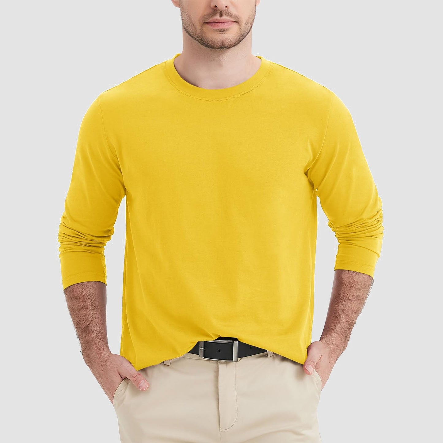 Men's breathable crew neck long sleeve shirt in solid colors, moisture-wicking cotton blend for daily wear