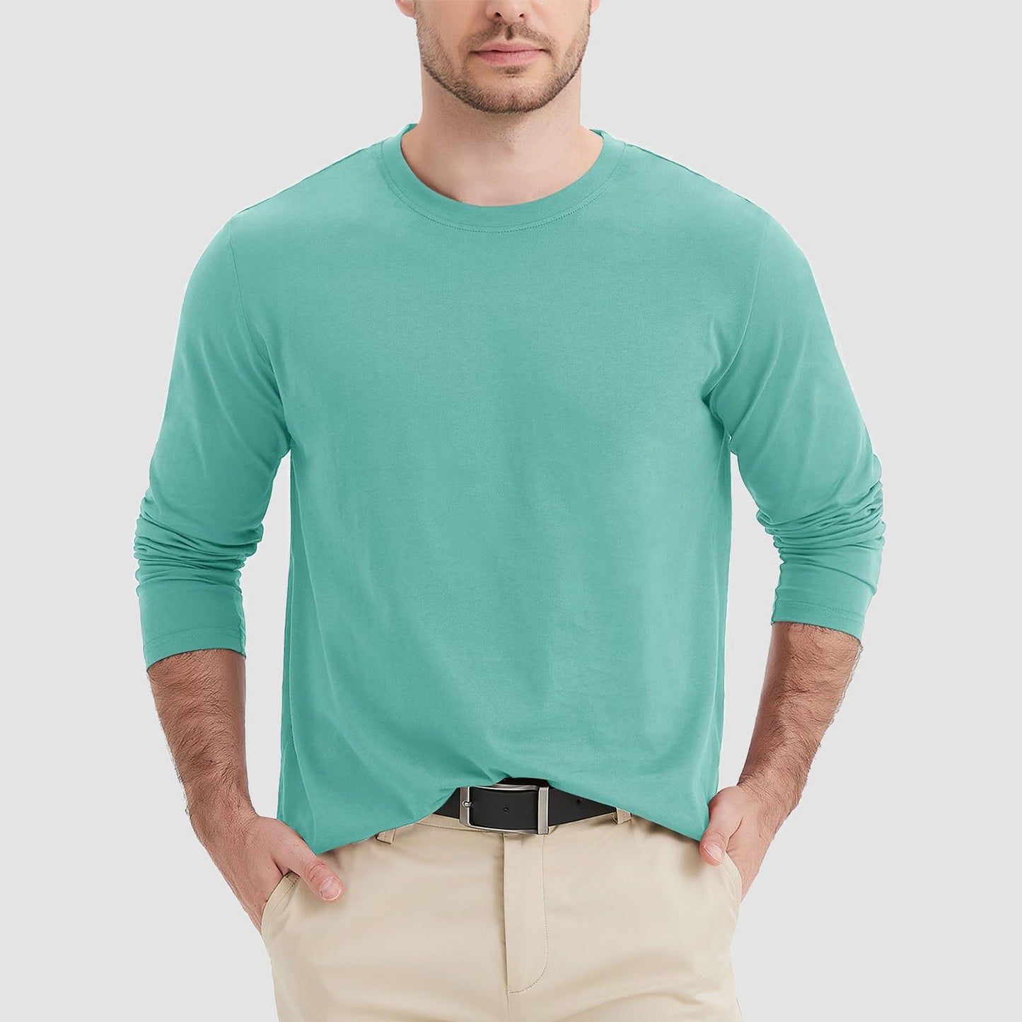 Men's breathable crew neck long sleeve shirt in solid colors, moisture-wicking cotton blend for daily wear