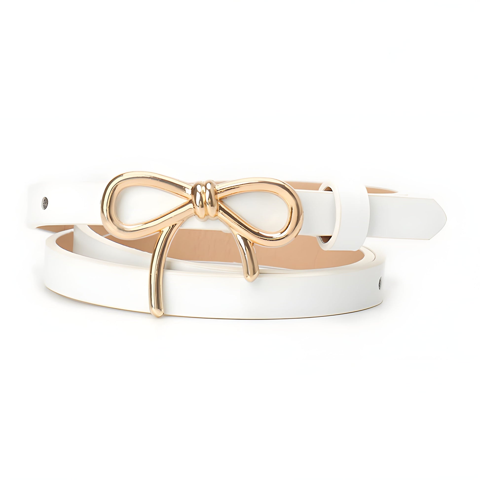 Women's skinny faux leather belt in neutral tone with elegant bow buckle closure, adjustable length