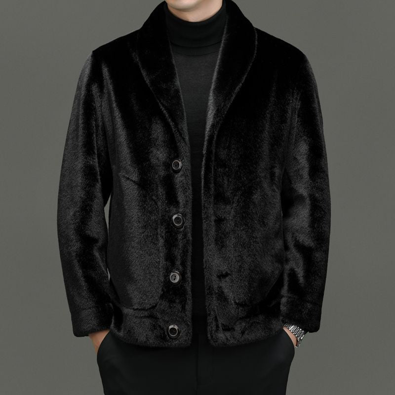Men's beige faux fur texture notched collar button-front jacket with hip length casual fit